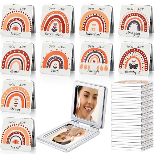 Suzile 18 Pcs Boho Rainbow Pocket Mirror Inspirational Compact Mirror Bulk Small Mirror for Purse Thank You Gifts for Women Employee Coworker Teacher Magnifying 1x 2x