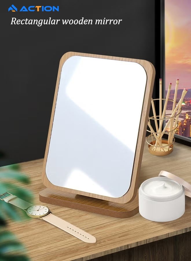 أكشن مرآة مستطيلة صغيرة للطاولة، مرآة خشبية قائمة بإطار، مرآة للمكتب، مرآة دوارة بزاوية 90 درجة للمكياج ومستحضرات التجميل - Image 3