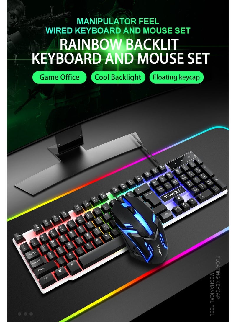 T-WOLF TF230 mechanical tactile wired keyboard and mouse set, colorful breathing light effect, front waterproof and durable, 104 key full-size layout - Image 1