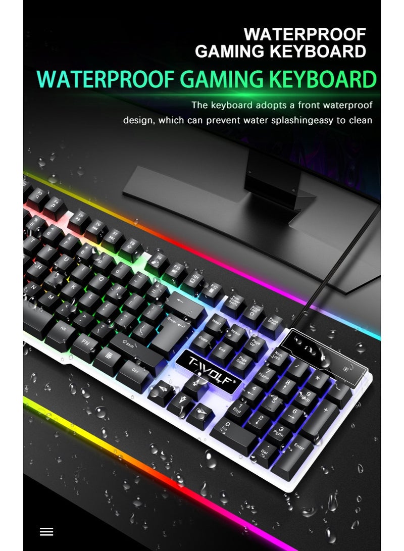T-WOLF TF230 mechanical tactile wired keyboard and mouse set, colorful breathing light effect, front waterproof and durable, 104 key full-size layout - Image 4