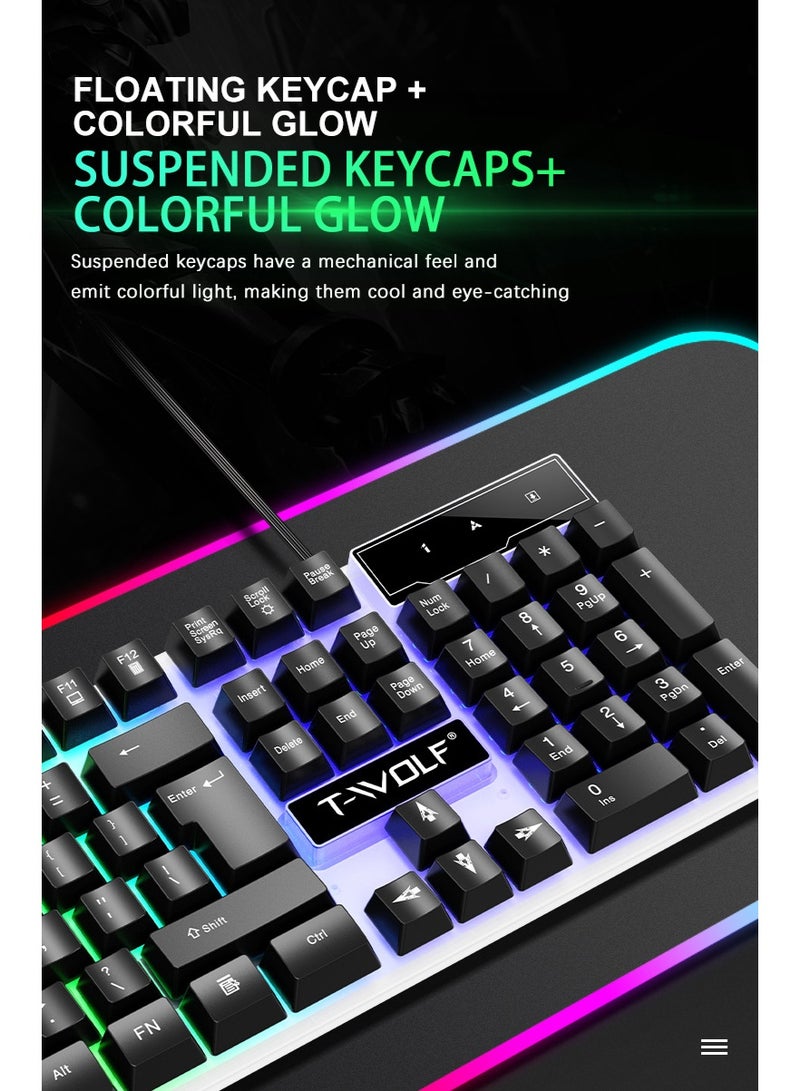 T-WOLF TF230 mechanical tactile wired keyboard and mouse set, colorful breathing light effect, front waterproof and durable, 104 key full-size layout - Image 5