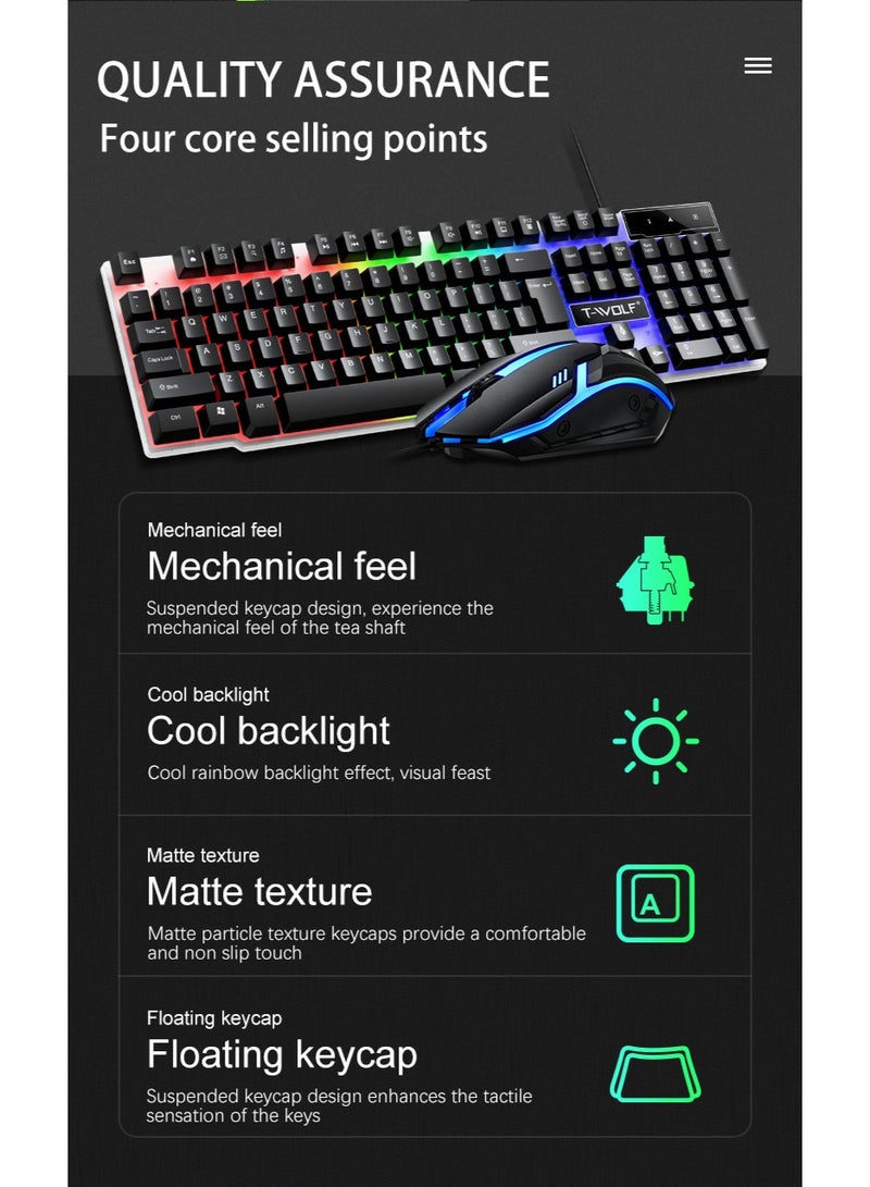 T-WOLF TF230 mechanical tactile wired keyboard and mouse set, colorful breathing light effect, front waterproof and durable, 104 key full-size layout - Image 2