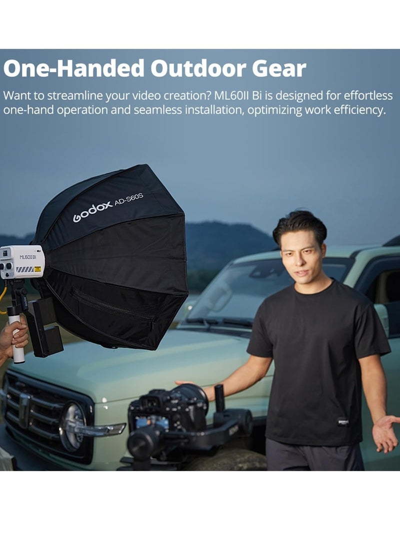 Godox ML60II-Bi Colour Handheld LED Video Light, 2800K-6500K, 22500Lux CRI 96+ TLCI 97+, 11 FX Effects, App Control, with AK-B01 Battery Base, 2 x NP970 Lithium Battery - Image 4