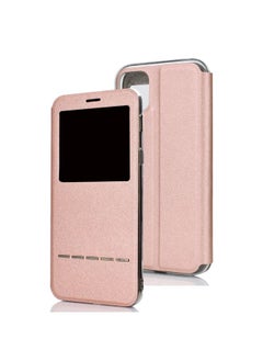 Case Cover For iPhone 11 Pro Max Matte Texture Horizontal Flip Bracket Mobile Phone Holster Window with Caller ID and Metal Button Slide To Unlock Rose Gold