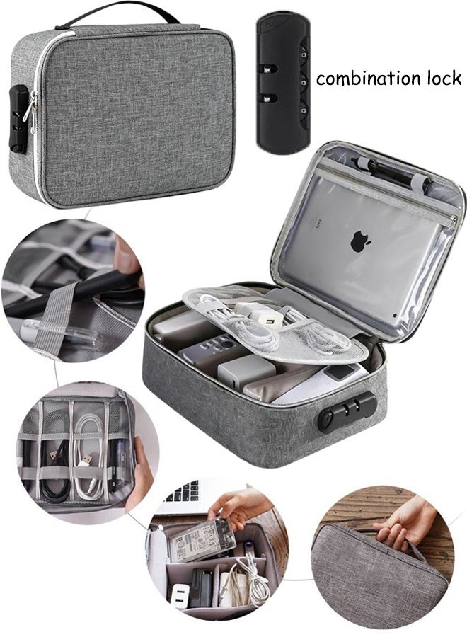 Electronic Organizer with Code Lock Travel USB Cable Accessories Bag,Waterproof for Power Bank Charging Cords Chargers Mouse Earphones Flash Drive,Grey - Image 1