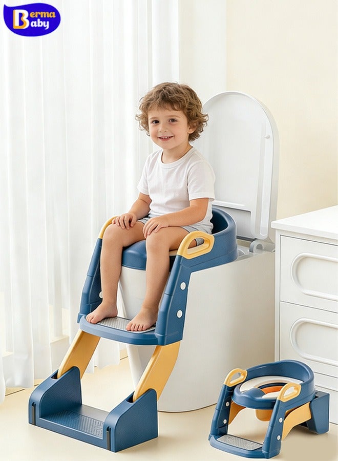 Berma Baby كرسي تدريب على استخدام المرحاض 3 في 1 للأطفال الصغار مع سلم وحوض للأولاد والبنات، مقعد تدريب قابل للتعديل للأطفال على استخدام المرحاض مع خطوات عريضة مضادة للانزلاق ومقابض أمان (أزرق) - Image 1