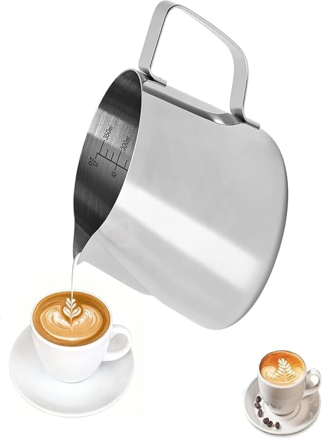 VKWE Milk Frothing Jug Pitcher 350ml, Stainless Steel Milk Frother Cup Jug for Coffee Machines, Milk Frothing Jug with Latte Decorating Art Penfor Making Latte Coffee Art Cappuccino