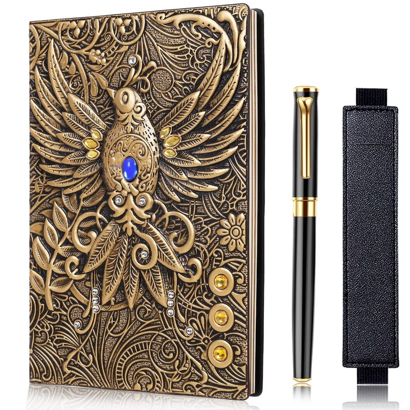 FEIDIAO Vintage Phoenix Embossed Leather Notebook Travel Journal Office Daily with Black Ballpoint Pen and Pen Sleeve Antique Handmade Hardcover Book Gift for Men and Women (A5) - Image 1