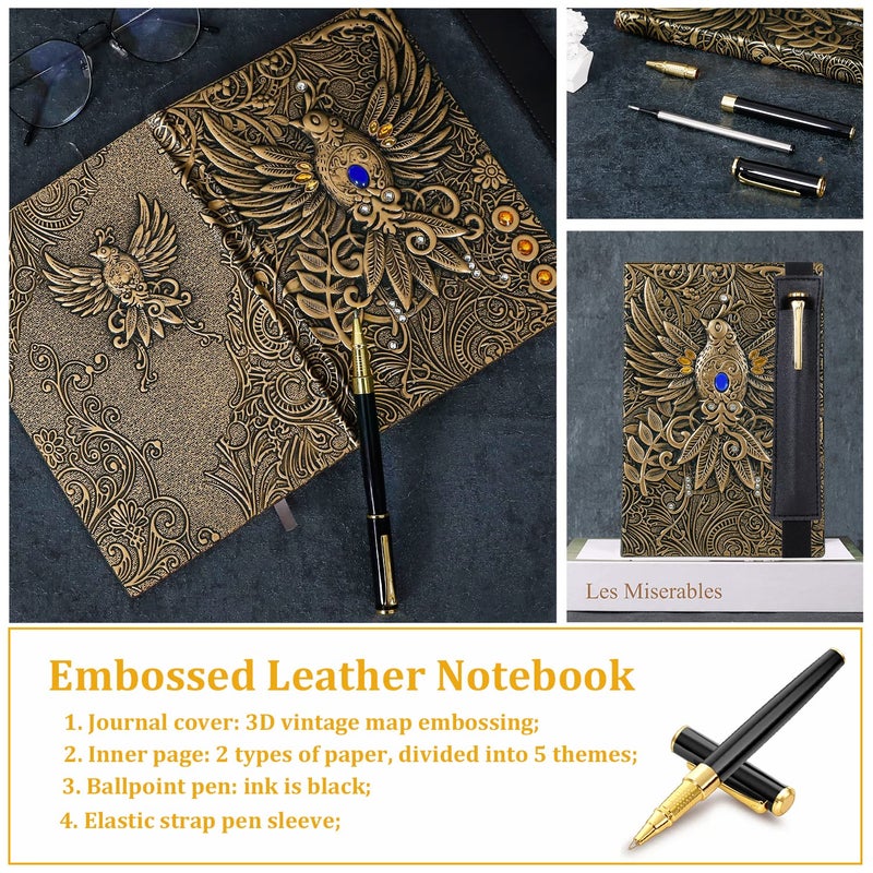 FEIDIAO Vintage Phoenix Embossed Leather Notebook Travel Journal Office Daily with Black Ballpoint Pen and Pen Sleeve Antique Handmade Hardcover Book Gift for Men and Women (A5) - Image 4