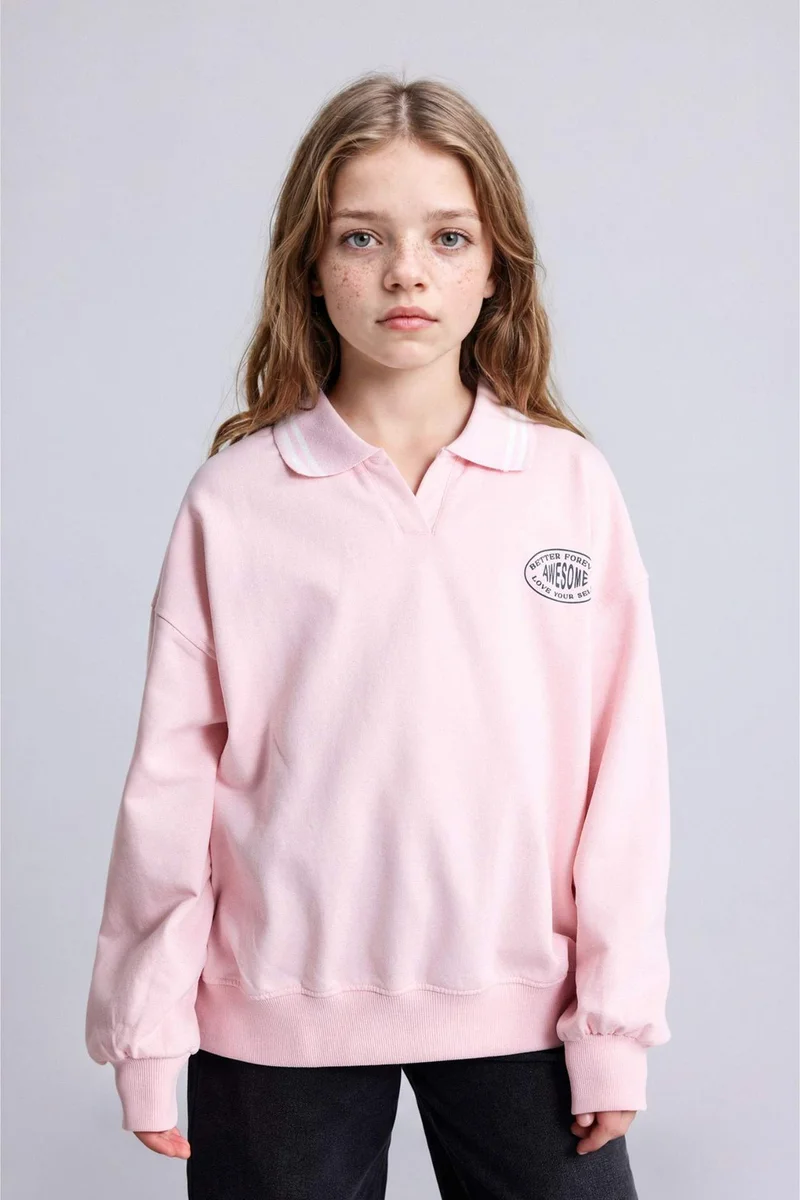 ديفاكتو Relax Fit Slogan Polo Collar Sweatshirt