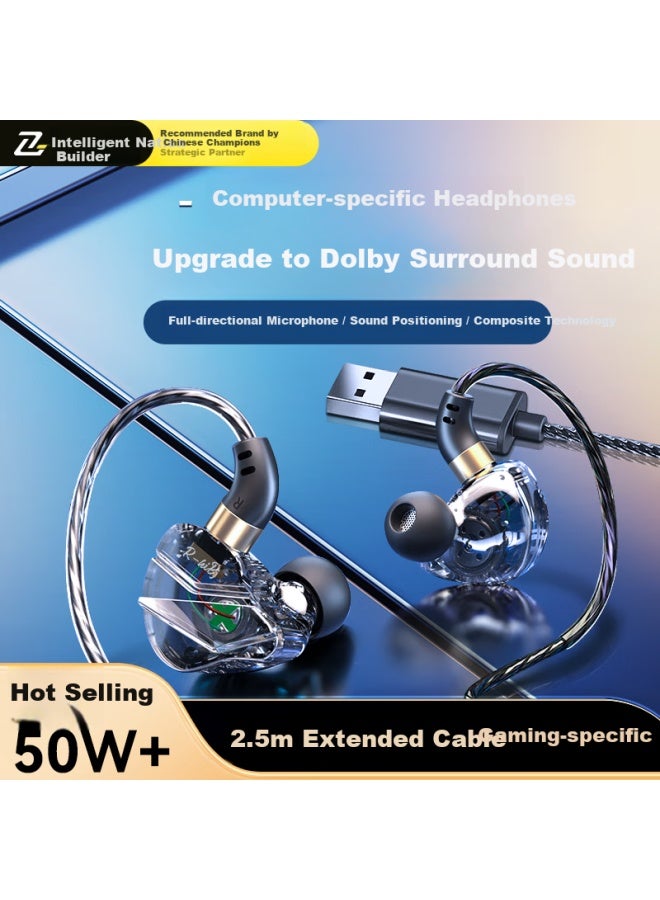 Witgoer Transparent Aesthetic Design Gaming Earphones With Usb Interface In-ear Wired Microphone Two-in-one With Mic For Desktop Laptop Extended Cable E-sports Chicken Dinner Specialized