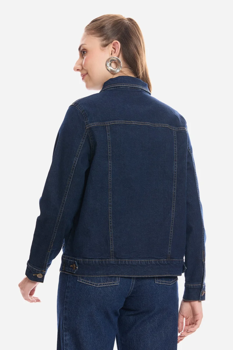 Virgio Navy Blue Solid Cotton Denim Trucker Jacket for Women for Women | Best Price UAE