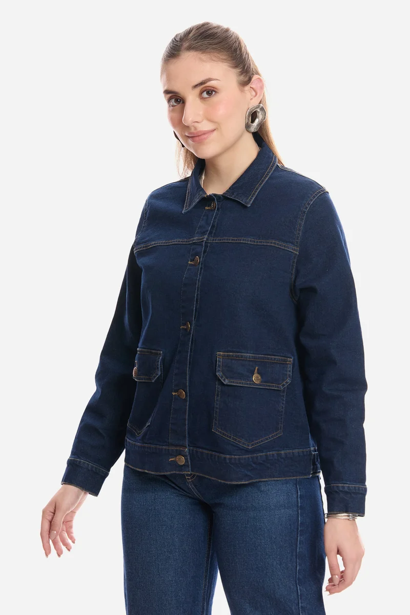 Virgio Navy Blue Solid Cotton Denim Trucker Jacket for Women for Women | Best Price UAE