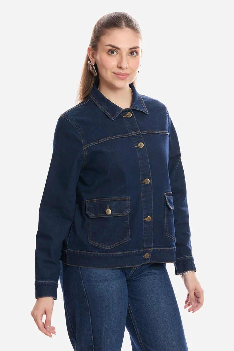 Virgio Navy Blue Solid Cotton Denim Trucker Jacket for Women for Women | Best Price UAE