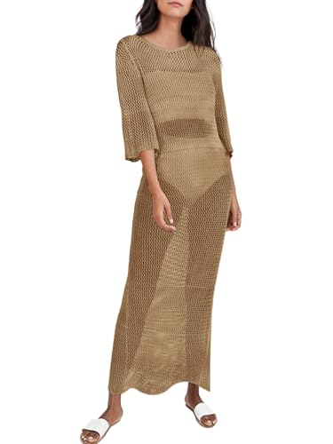 LANNEW Womens Crochet Swimsuit Cover Up Half Sleeve Bathing Suit Swimwear Coverups Long Beach Dresses Khaki - Image 5
