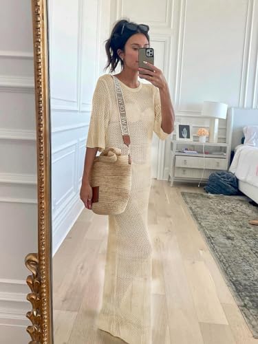 LANNEW Womens Crochet Swimsuit Cover Up Half Sleeve Bathing Suit Swimwear Coverups Long Beach Dresses Khaki - Image 3