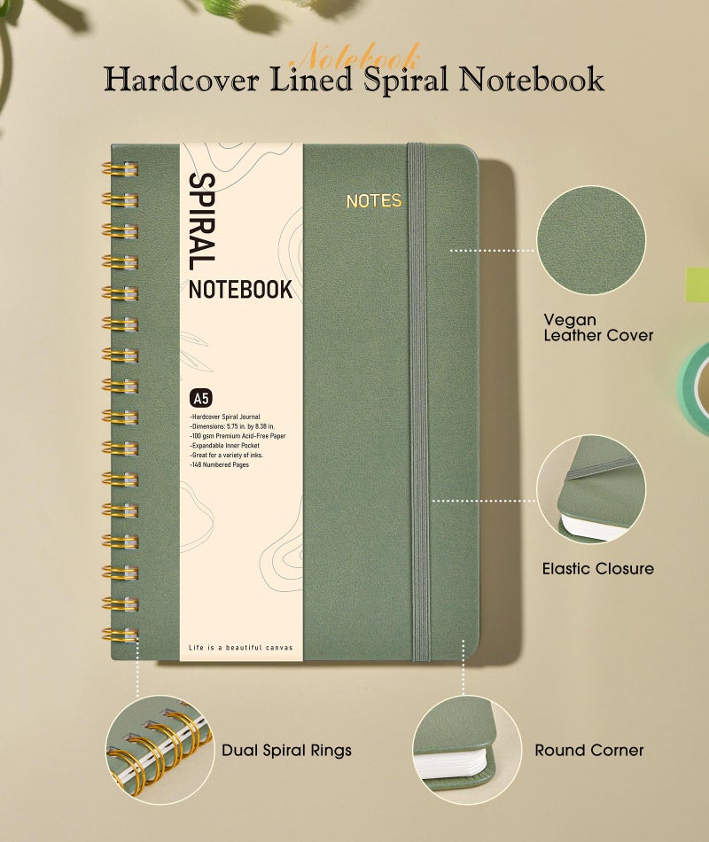 PAPEJOON Graph Spiral Journal Notebook, A5 Hardcover Spiral Journals for Women Men, 100 GSM Graph Paper Notebooks, 150 Pages Spiral Bound Grid Notebook for Writing Note Taking Work 5.75" x 8.38", Sage Green - Image 2