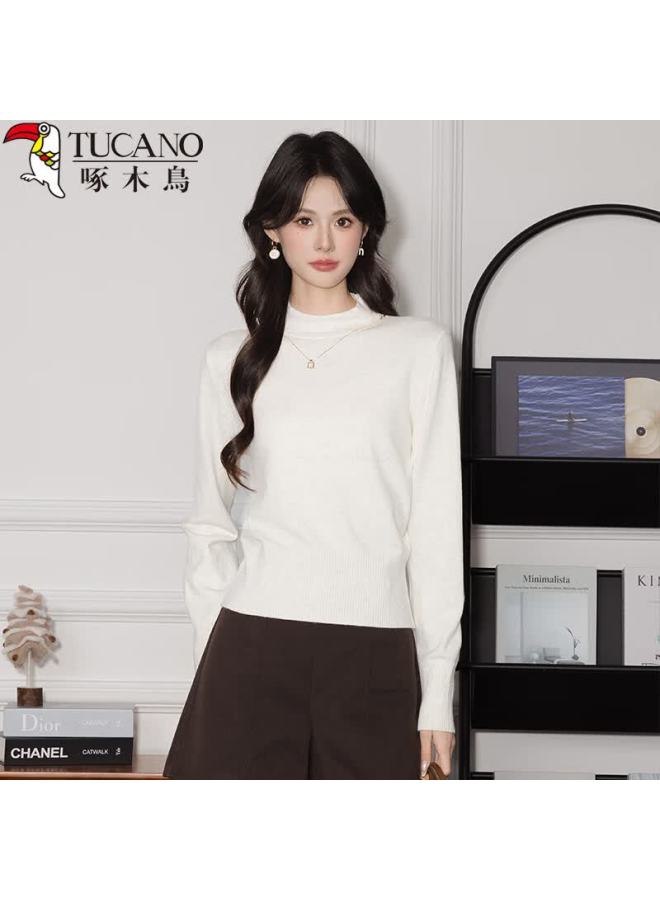 Wood Women's Knit Sweater Autumn Winter Slim Fit Soft Shoulder Casual Stand Collar Long Sleeve Base Shirt Wheat Color One Size