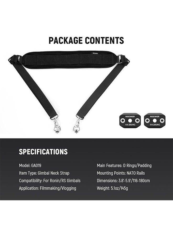 Neewer RS4 RS3 Neck Strap with Two NATO Rails & 1/4" D Rings for DJI RS4 RS4 Pro RS3 Pro RS2 RSC2 Ronin SC Gimbal Stabilizer, 5.9ft/180cm Length Adjustable Weight Reducing Shoulder Strap, GA019