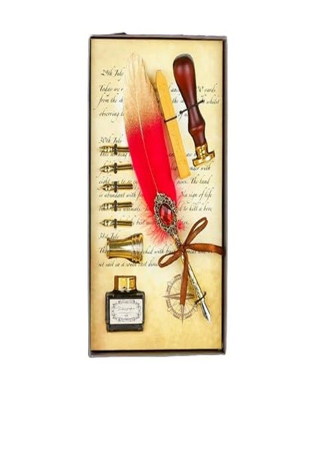 KIRA Feather Quill Pen, Calligraphy Dip Pen, Retro Pen and Ink Set,Gift Writing Stamp Set With Pen Holder, Ink, Wax Seal, Stamp, Ink Bottle Gift Box 5 Nibs Gift Writing Drawing Practicing Calligraphy - Image 1