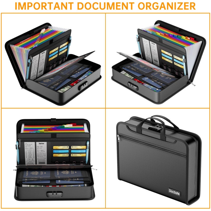 DocSafe Accordion File Organizer Bag with Lock, Fireproof Water Resistant Expanding File Folder with Multi Colorful Pockets,Document Organizer Safe Storage for Important Documents and More, Black - Image 5