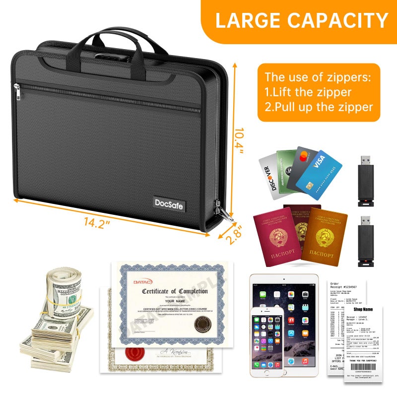 DocSafe Accordion File Organizer Bag with Lock, Fireproof Water Resistant Expanding File Folder with Multi Colorful Pockets,Document Organizer Safe Storage for Important Documents and More, Black - Image 3