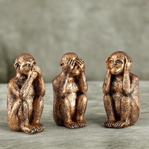 Karigaari Set of 3 Miniature Monkey Different Poses Statue Decorative Showpiece for Home Decor Living Room Table Office Decoration Creative Art Abstract Design, Resin, Size: 8 cm (Golden) - Image 3