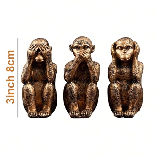 Karigaari Set of 3 Miniature Monkey Different Poses Statue Decorative Showpiece for Home Decor Living Room Table Office Decoration Creative Art Abstract Design, Resin, Size: 8 cm (Golden) - Image 4