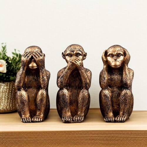 Karigaari Set of 3 Miniature Monkey Different Poses Statue Decorative Showpiece for Home Decor Living Room Table Office Decoration Creative Art Abstract Design, Resin, Size: 8 cm (Golden) - Image 2