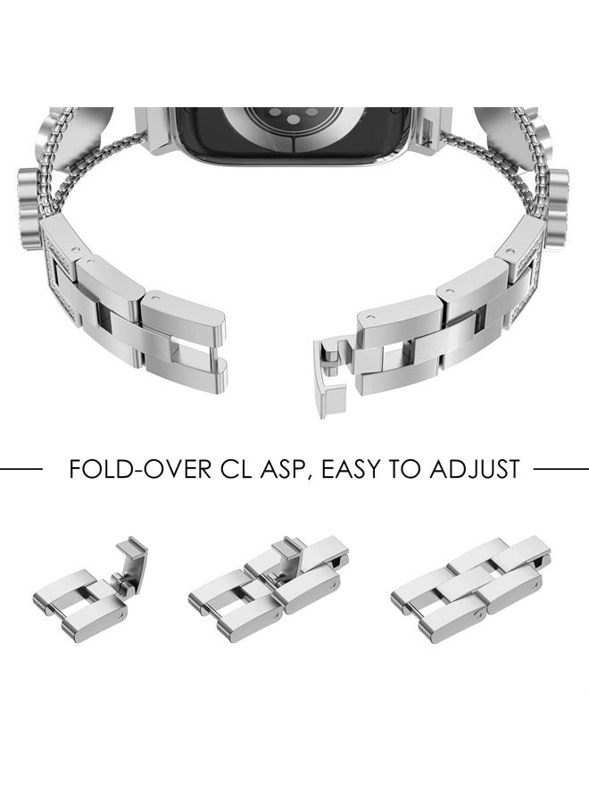 NewWays Compatible for Apple Watch Band Series 8 Series 7 45mm 44mm SE Series 6 5 4 3 42mm, Sparkling Bling Diamonds Clover Leaf Bracelet for iWatch Band Womens, Silver/Black - Image 1