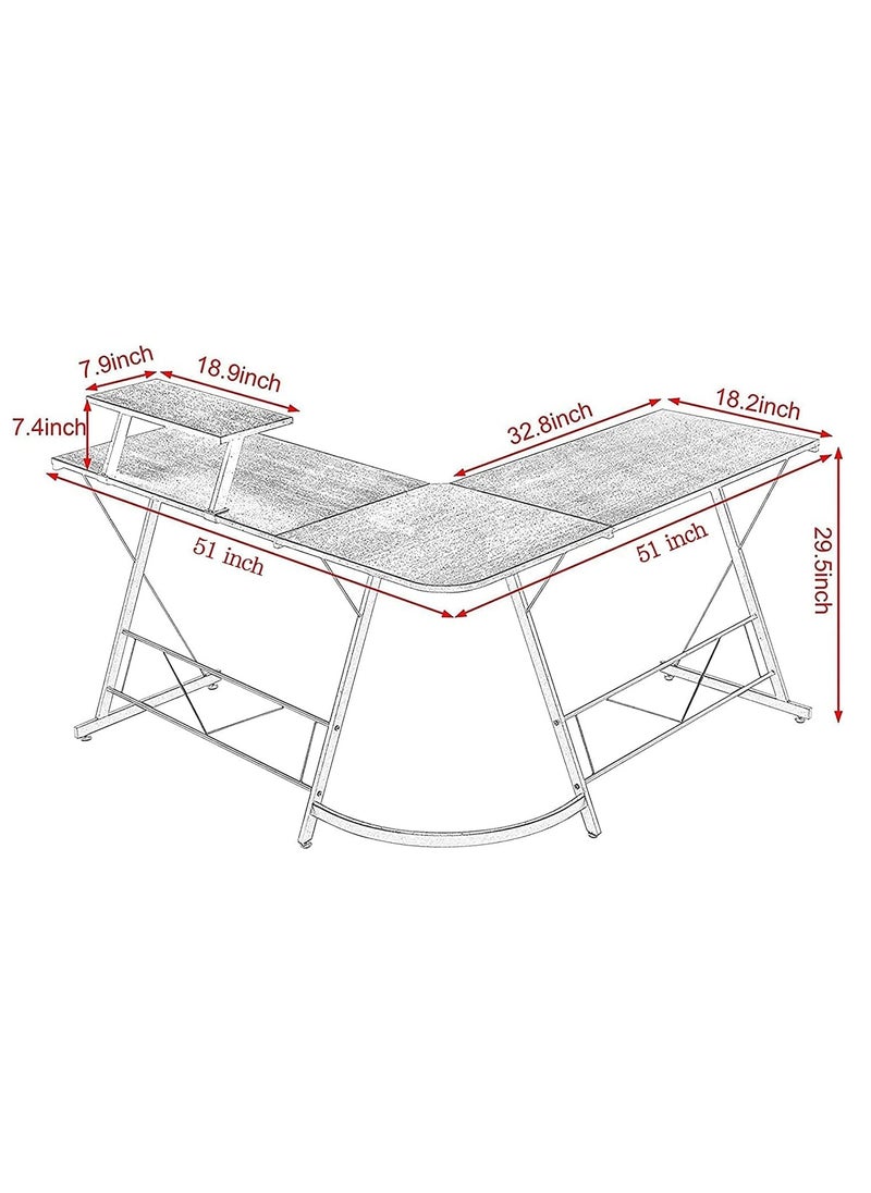 Apexll - L-Shaped Desk Computer Corner Table 51 Inch Home Gaming Desk Office Writing Workstation With Large Monitor Stand Space-Saving Easy To Assemble 51X18.2X29.5 Inch Black - Image 1