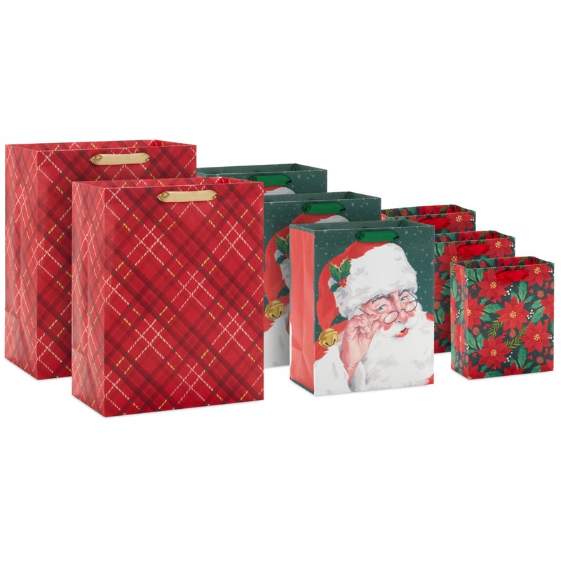 Hallmark Assorted Christmas Gift Bags 8 Bags 3 Small 6 3 Medium 9 2 Large 13 Santa Claus Red Plaid Poinsettia Flowers