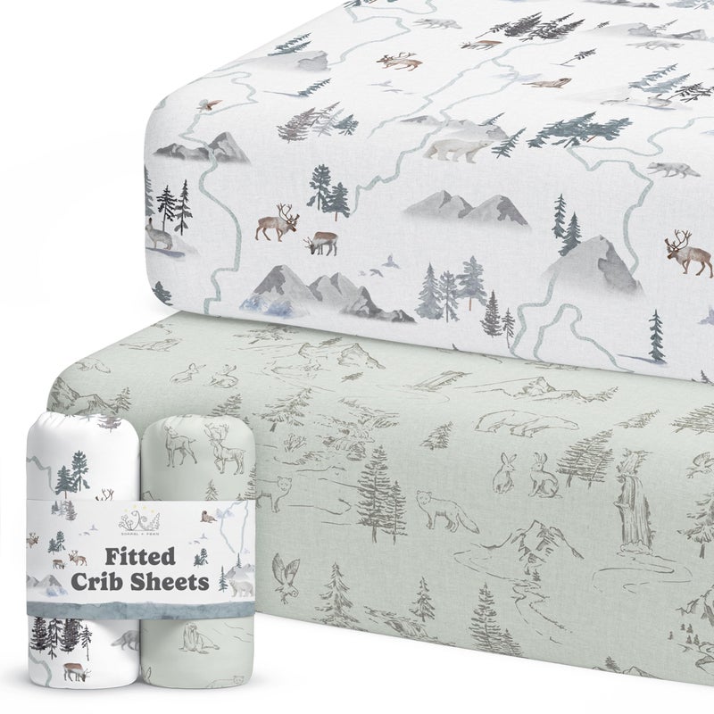 Sorrel + Fern Crib Sheets Neutral - Fitted Baby Crib Sheets Bed for Girl Boy - 2 Pack Standard & Toddler Mattress - Buttery Soft Organic Cotton Blend (Arctic Journey) - Image 1