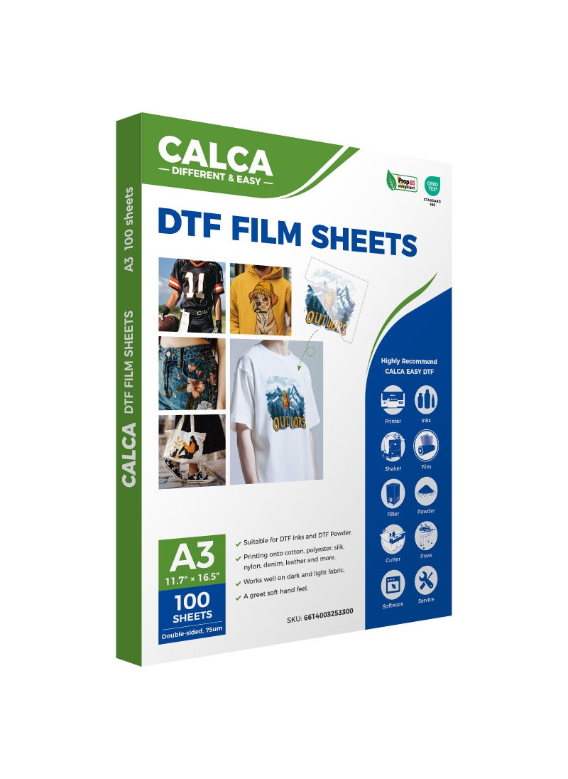 CALCA CALCA 100 Sheets A3 DTF Transfer Film Premium DTF Film Sheet PreTreat Sheets PET Heat Transfer Paper for DYI Direct Print on TShirts Textile Double Sided Hot Peel 