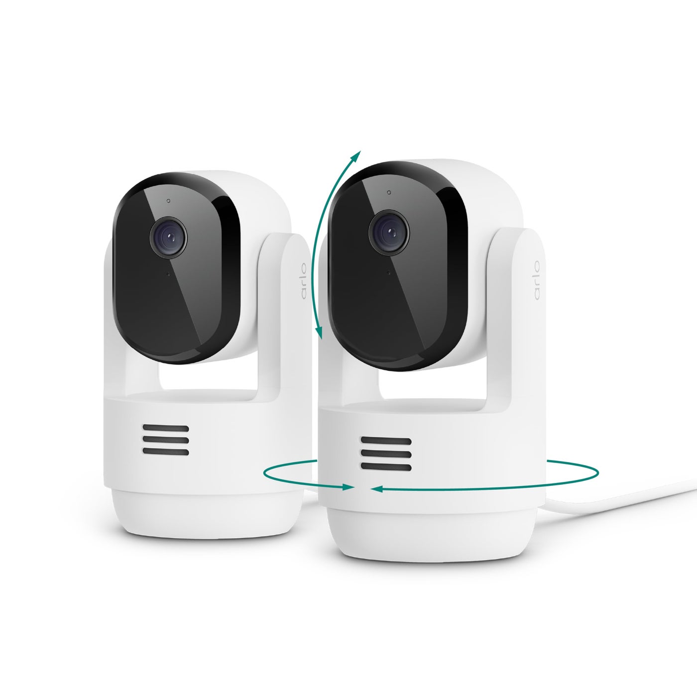 Arlo Essential Indoor Pan Tilt Security Camera 2K (2025 Release) - Wired Plug-in Power, Person Recognition, Animal Detection, Animated Preview, 1-Month Secure Plan, Auto Motion Tracking, 2 Cam, White