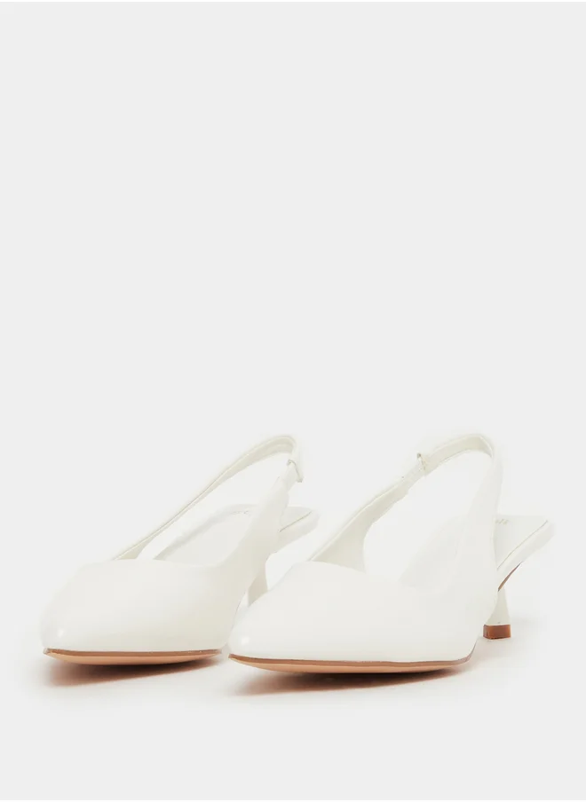 Styli White Plain Kitten Heel Slingback Shoes