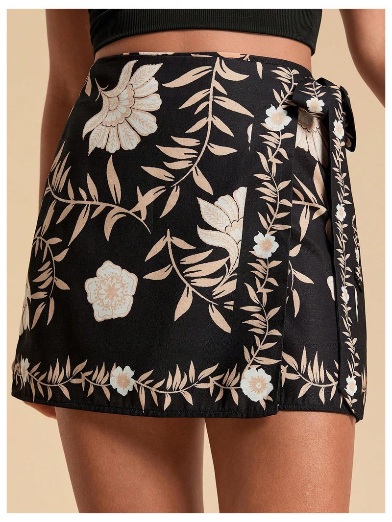 MakeMeChic Women's Summer Boho Wrap Mini Skirt Beach Vacation Short Skirts Floral Black Medium - Image 2