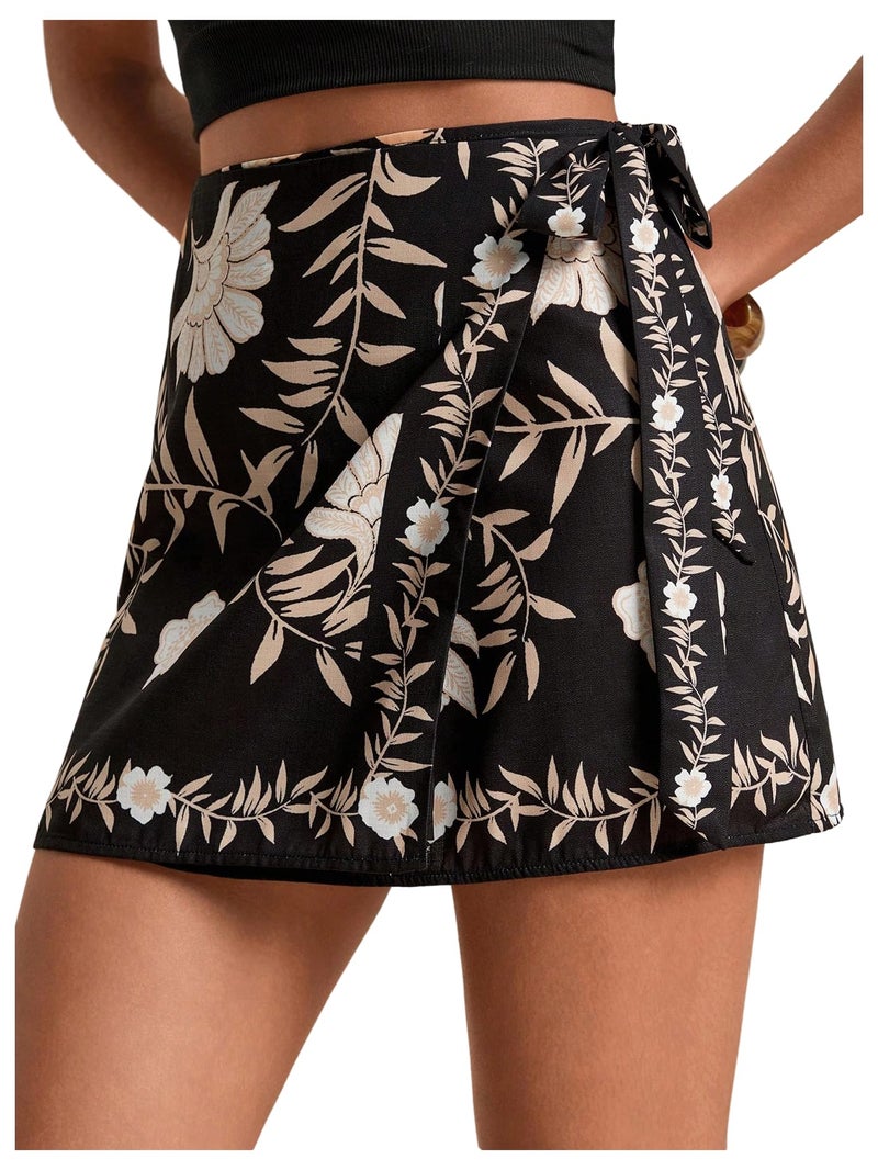 MakeMeChic Women's Summer Boho Wrap Mini Skirt Beach Vacation Short Skirts Floral Black Medium - Image 1