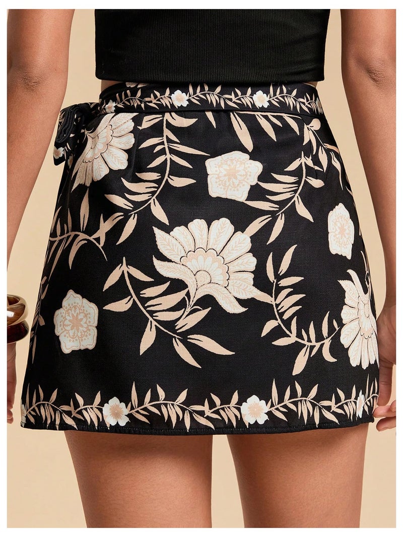 MakeMeChic Women's Summer Boho Wrap Mini Skirt Beach Vacation Short Skirts Floral Black Medium - Image 3
