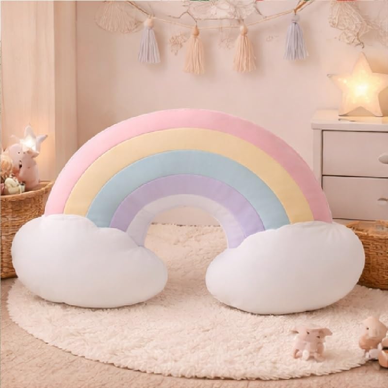 Peach Cuddle Cute Rainbow Cloud Shaped Velvet Fluffy Cushion for Kids Room, Living Room, Bedroom, Luxury Furnishing, Throw Pillow (16x18 inch, Blue) Rainbow Cushion - Image 4