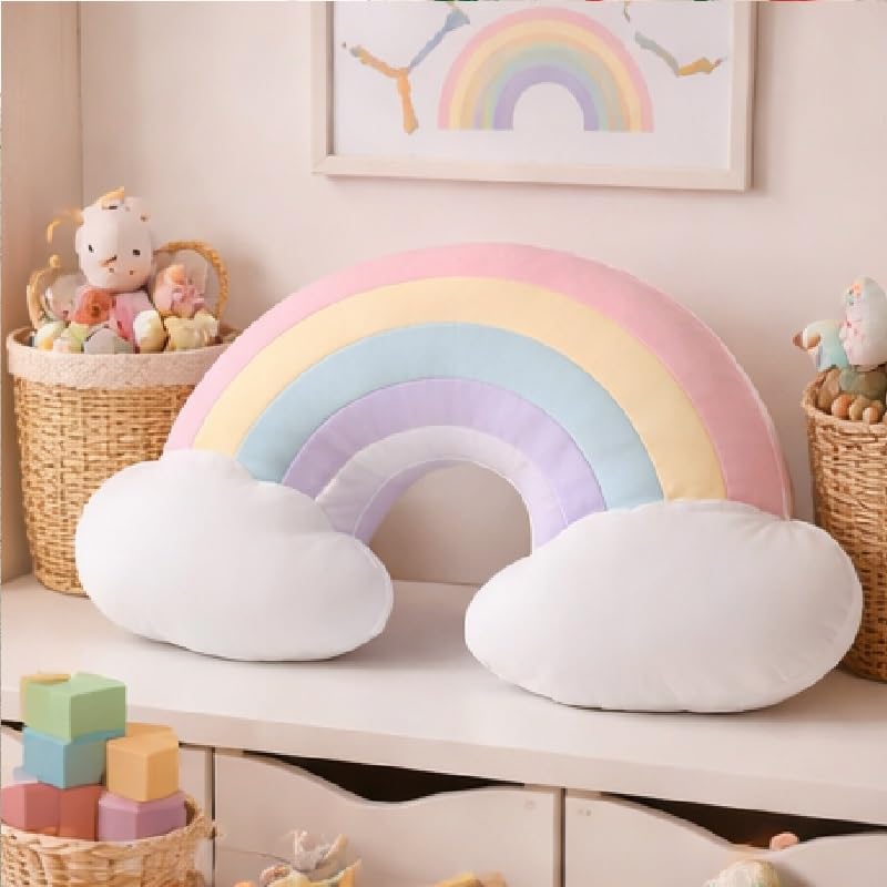 Peach Cuddle Cute Rainbow Cloud Shaped Velvet Fluffy Cushion for Kids Room, Living Room, Bedroom, Luxury Furnishing, Throw Pillow (16x18 inch, Blue) Rainbow Cushion - Image 2