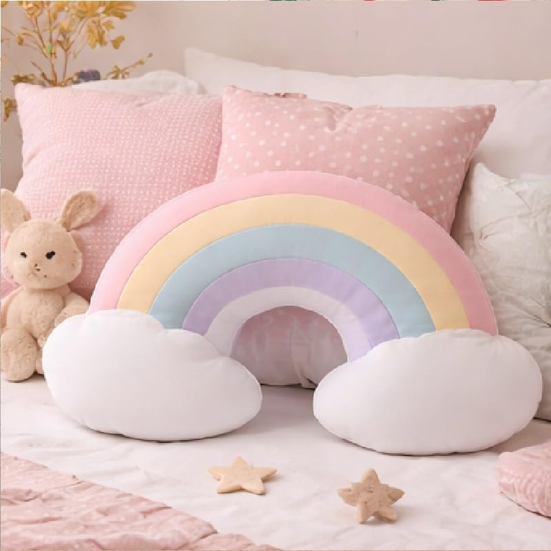 Peach Cuddle Cute Rainbow Cloud Shaped Velvet Fluffy Cushion for Kids Room, Living Room, Bedroom, Luxury Furnishing, Throw Pillow (16x18 inch, Blue) Rainbow Cushion - Image 1
