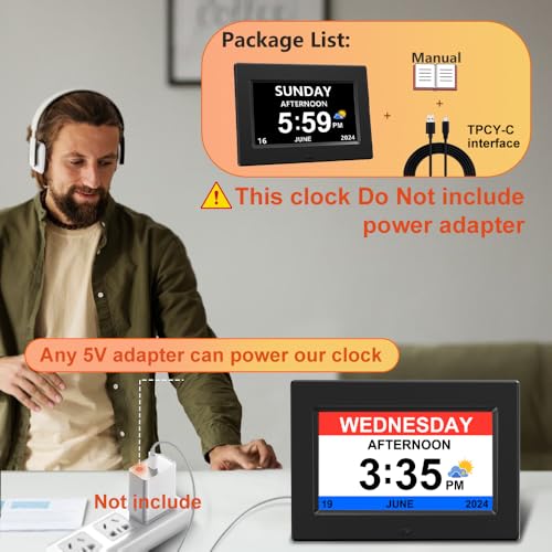 AINFTIME DST Digital Clock with Date and Day of Week for Elderly-12 Alarms Medication Reminder Dementia Alzheimers Clock Calendar with Extra Large Display (7 inch Black) - Image 2