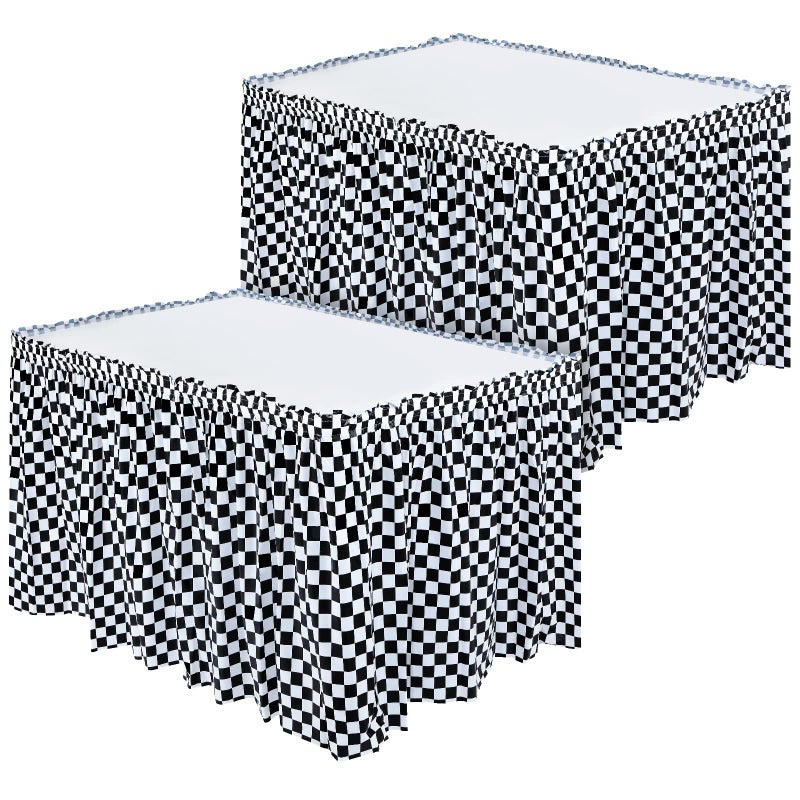 2 Pack White and Black Table Skirt Racing Car Party Decorations Plastic Checkered Flag Desk Skirt for Kitchen Dining Catering Wedding Baby Shower Birthday Racing Theme Party Supplies