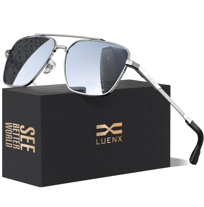 LUENX Aviator Sunglasses for Men Womenï¼Œ Square Polarized Polygon Mirror Silver Lens Silver Metal Frame 58MM - Image 1