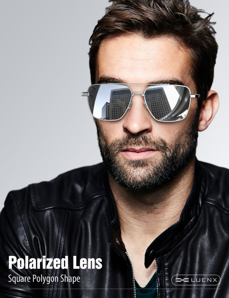 LUENX Aviator Sunglasses for Men Womenï¼Œ Square Polarized Polygon Mirror Silver Lens Silver Metal Frame 58MM - Image 2