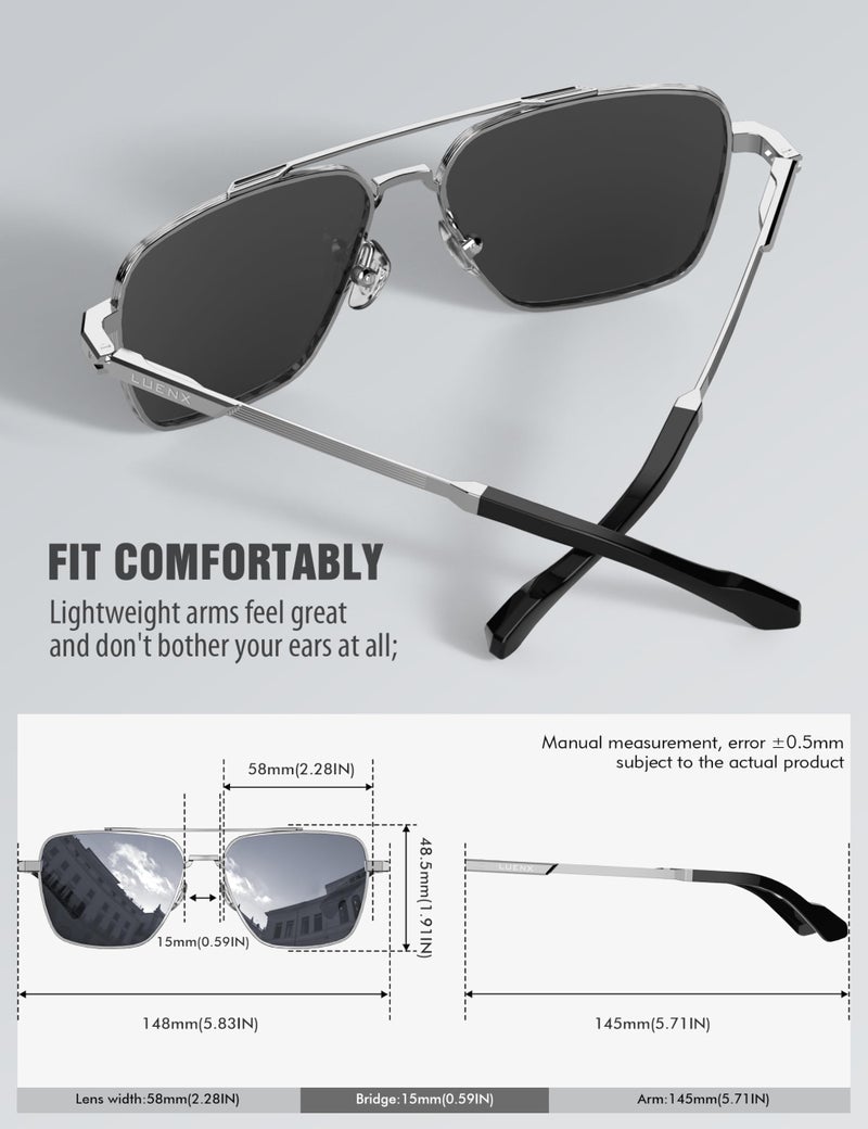 LUENX Aviator Sunglasses for Men Womenï¼Œ Square Polarized Polygon Mirror Silver Lens Silver Metal Frame 58MM - Image 4