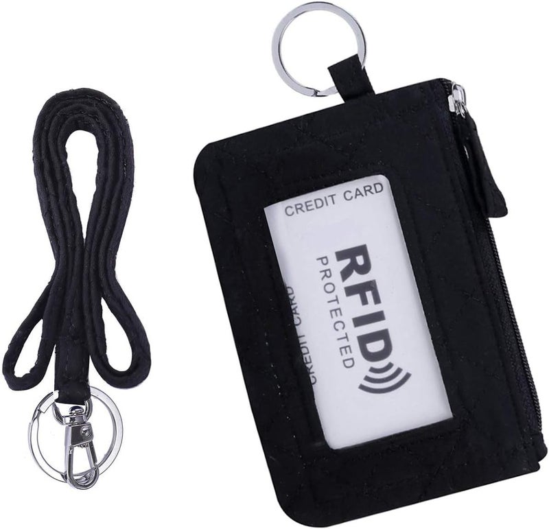 TELEXSUN Iconic Zip ID Case Card Holder for Women,Signature Cotton Coin Purse with Id Window,RFID Blocking Change Pouch with Key Chain(BLACK) - Image 1