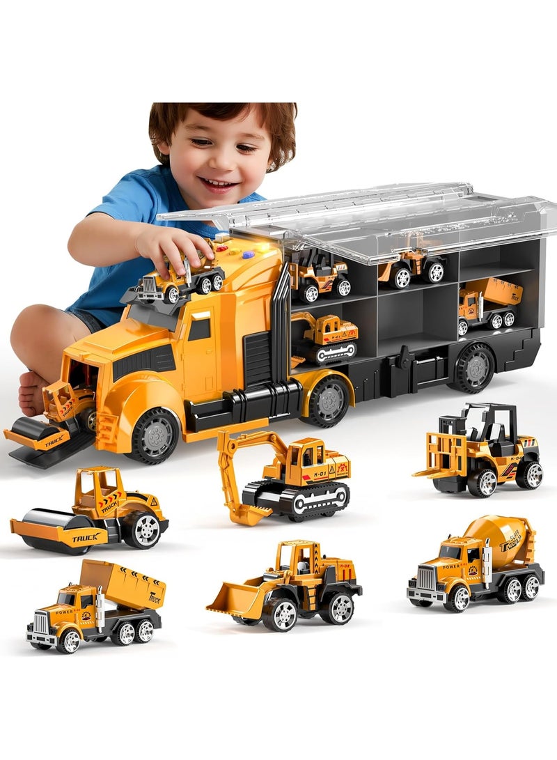 HALAMODO 7 pcs Construction Truck Toy Set, Alloy Engineering Vehicle , Construction Truck Toy Set, Die-Cast Carrier Vehicle & Cars, Long Nose Container Truck With 6 Earth-Tone Heavy Duty Cars , Children Large Storage Cargo Truck , Early Educational Intelligence Toy Cars ,  Ideal Birthday Gift for Kids - Image 2