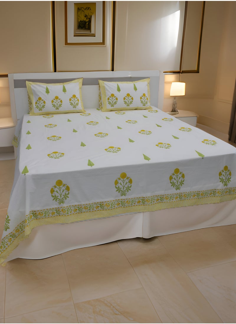 MARHABA CURTAIN 100% Cotton Jaipuri Handblock Print Double Bed Sheet with 2 Pillow Covers Premium Quality, Soft, Breathable (WHITE LILLY 13)  - Image 1